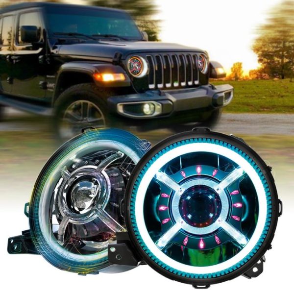 9 dyuymli dumaloq Jeep JL 2018 RGB Ring Jeep Wrangler rangini o'zgartiradigan Halo Led faralarini o'zgartiradi