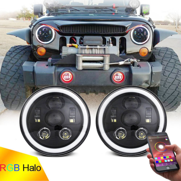 RGB Halo LED farasi 7 dyuym Jeep Wrangler JK JL ko'p funktsiyali RGB faralar uchun